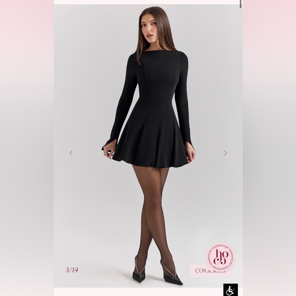 House of CB “Francesca” Black Stretch Crepe Godet Mini Dress